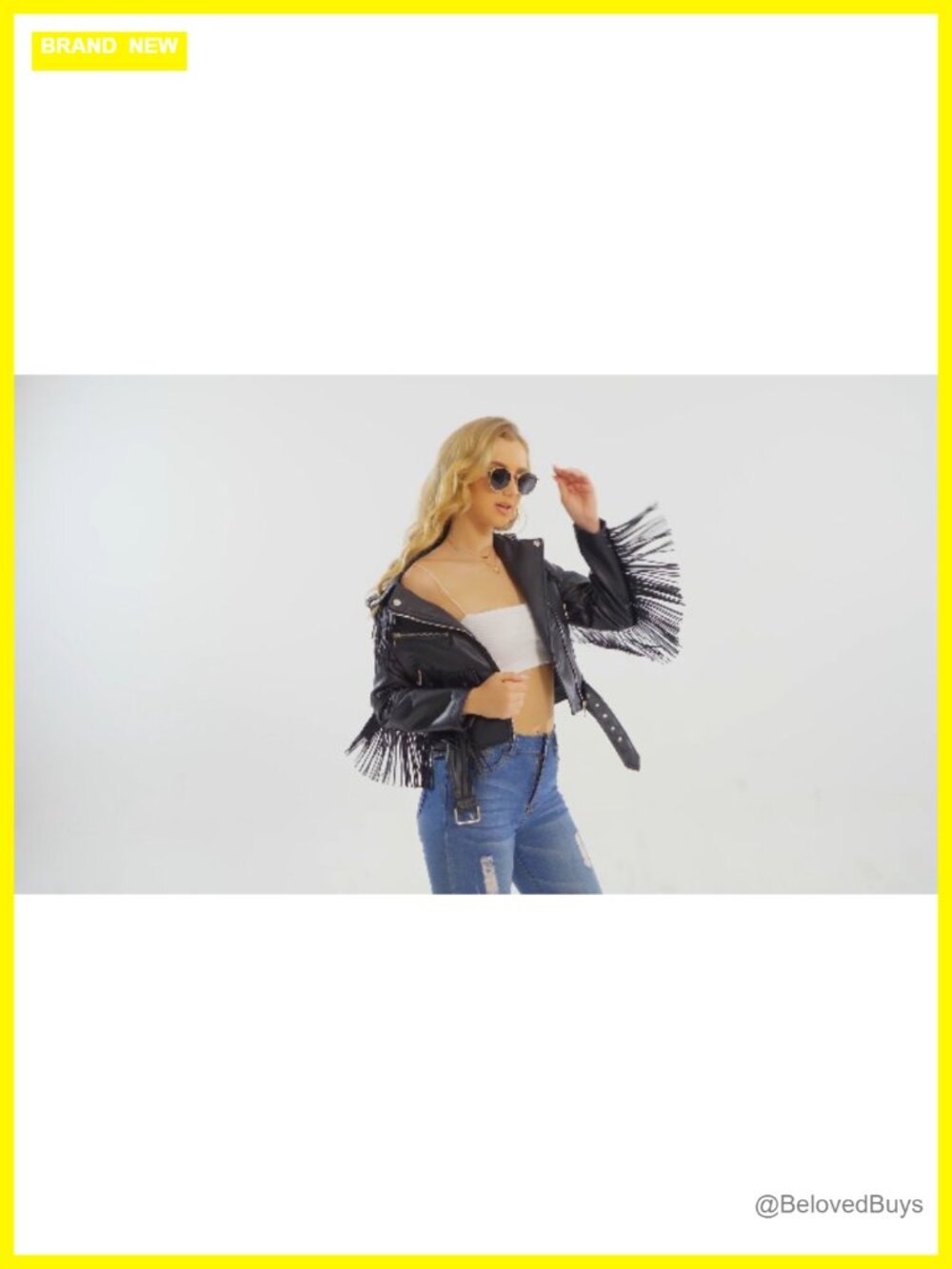 Faux Leather Moto Jacket with Tassel Trim, Belted, Zipper Closure - Picture 7 of 7